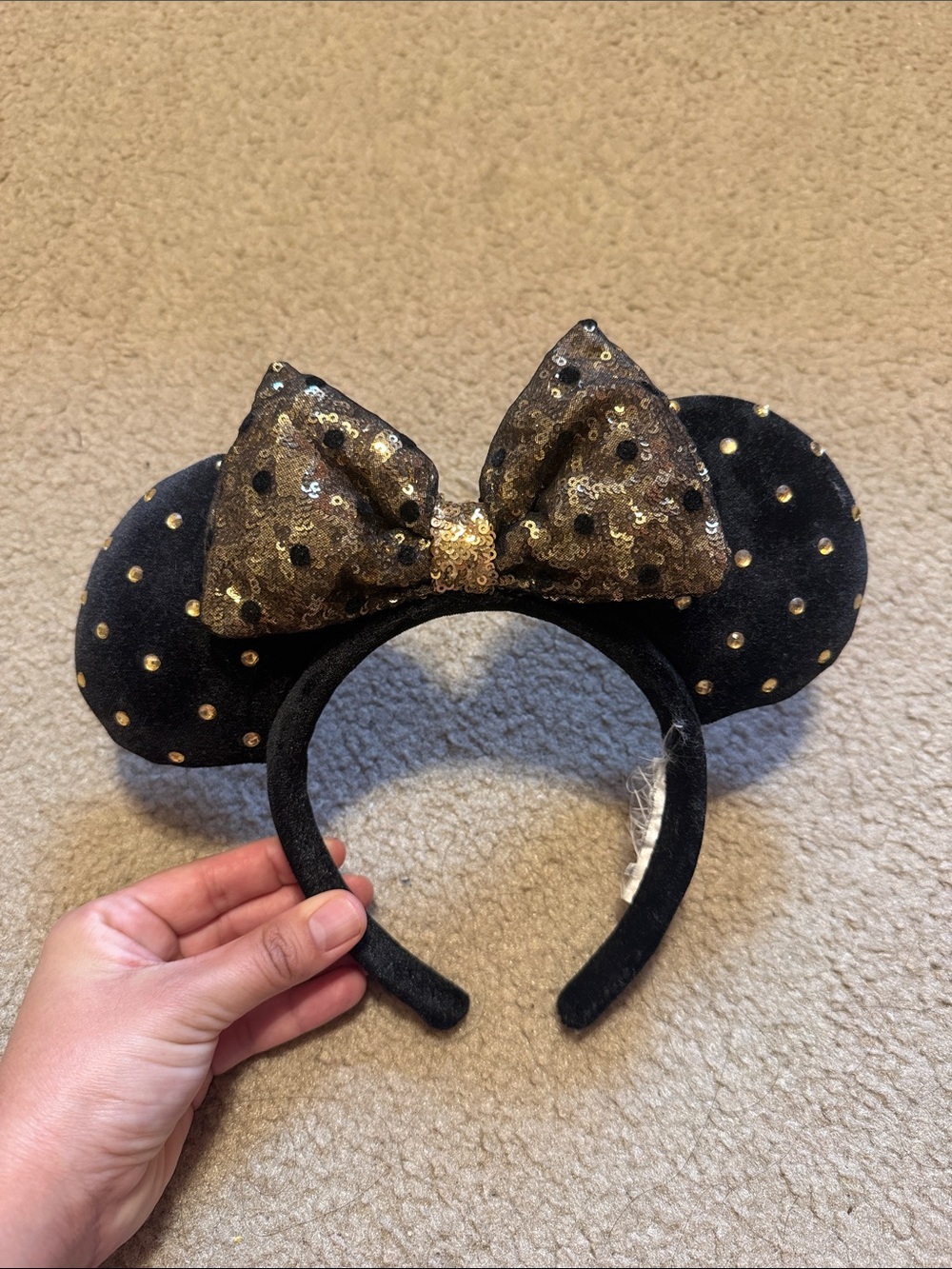 Black Velvet Minnie Ear Headband with Gold Sequin Bow